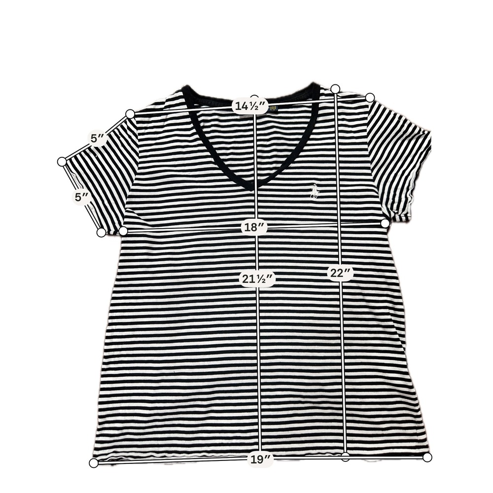 Polo Ralph Lauren Striped V-Neck T-Shirt Black White Pony Logo Womens M Preppy - Picture 6 of 6